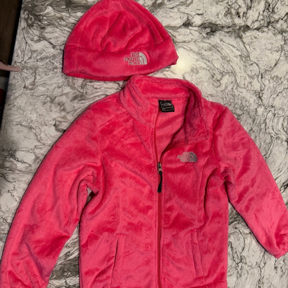 The North Face Vibrant Pink Fleece Jacket and Hat